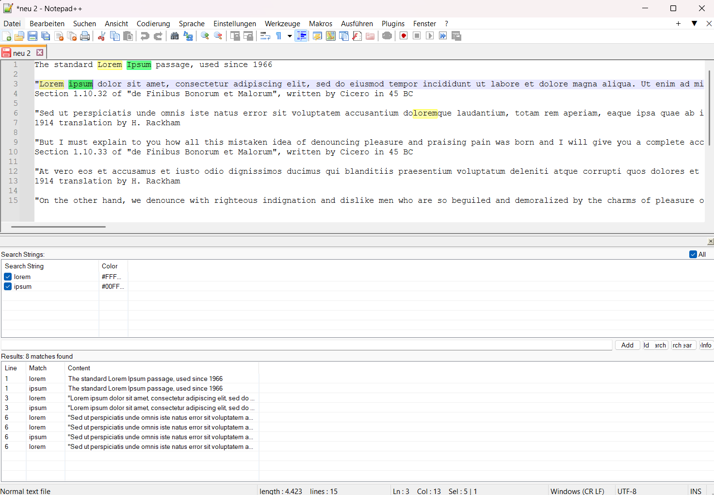 MultiSearcher in Notepad++: Suchbegriffe mit farbiger Hervorhebung und Trefferliste