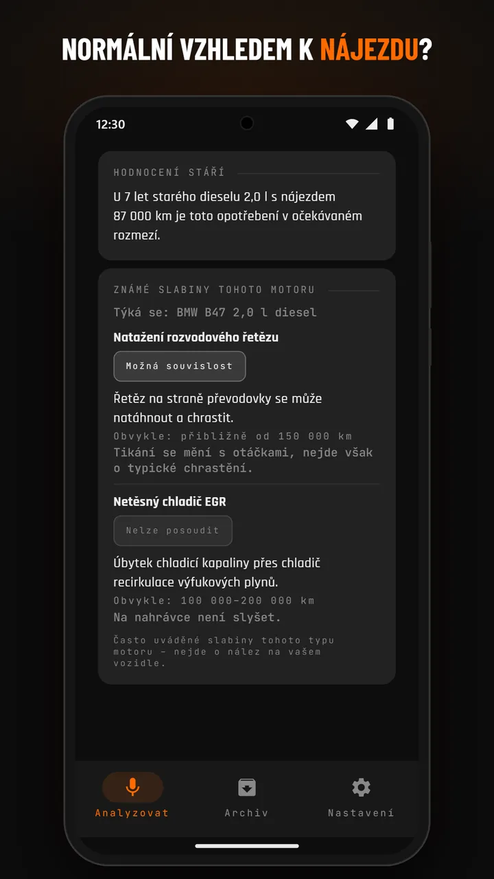 Výsledek s detailem opotřebení