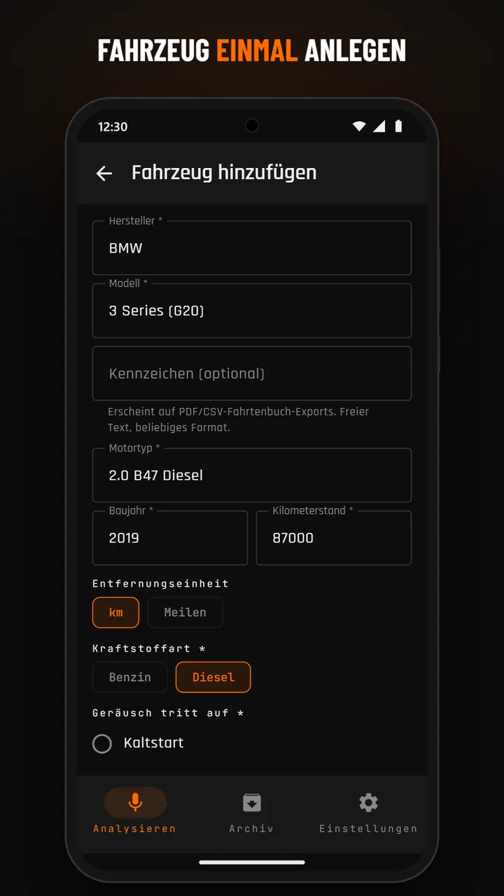Formular Fahrzeugprofil