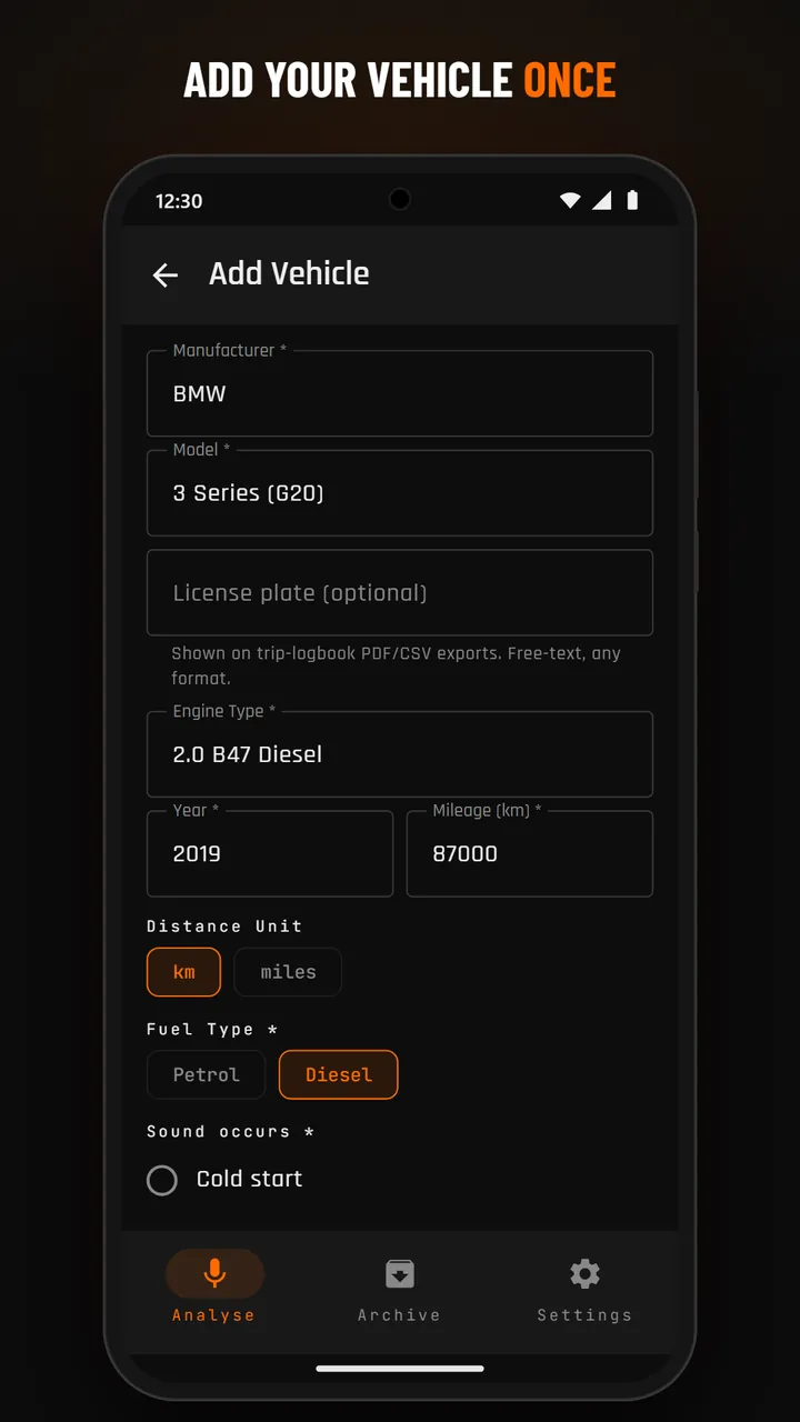 Vehicle profile form