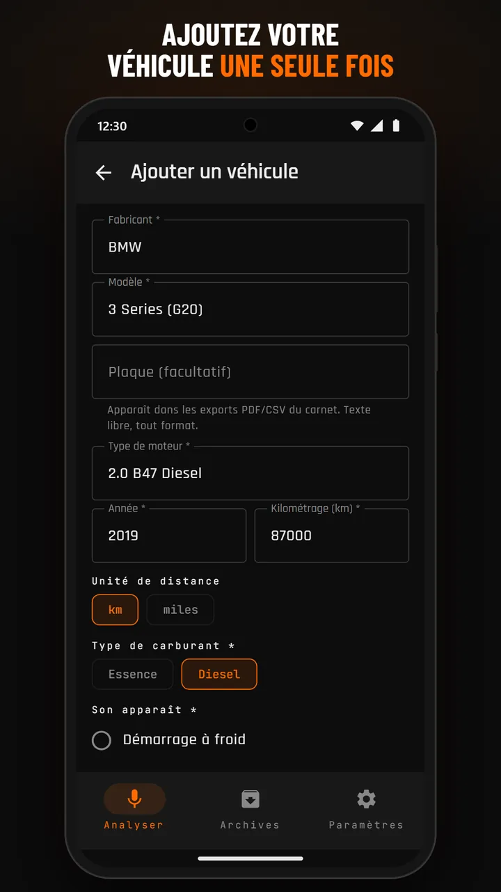 Formulaire du profil de véhicule