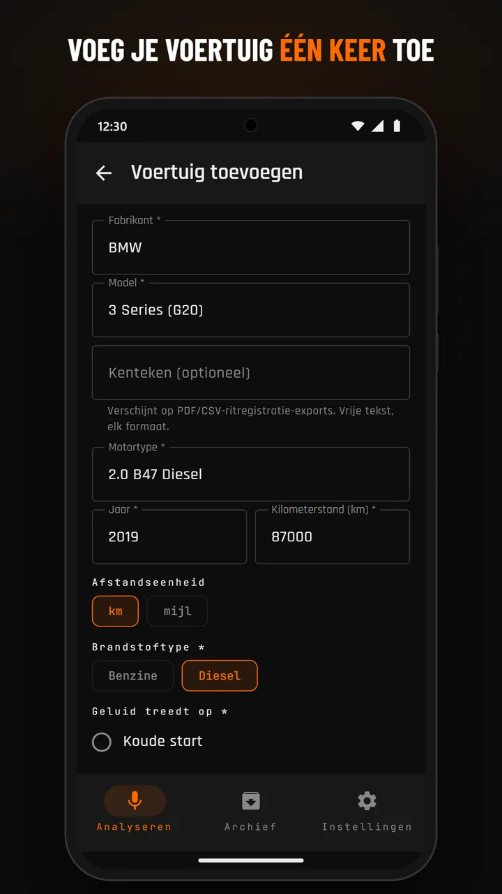 Formulier voor het voertuigprofiel