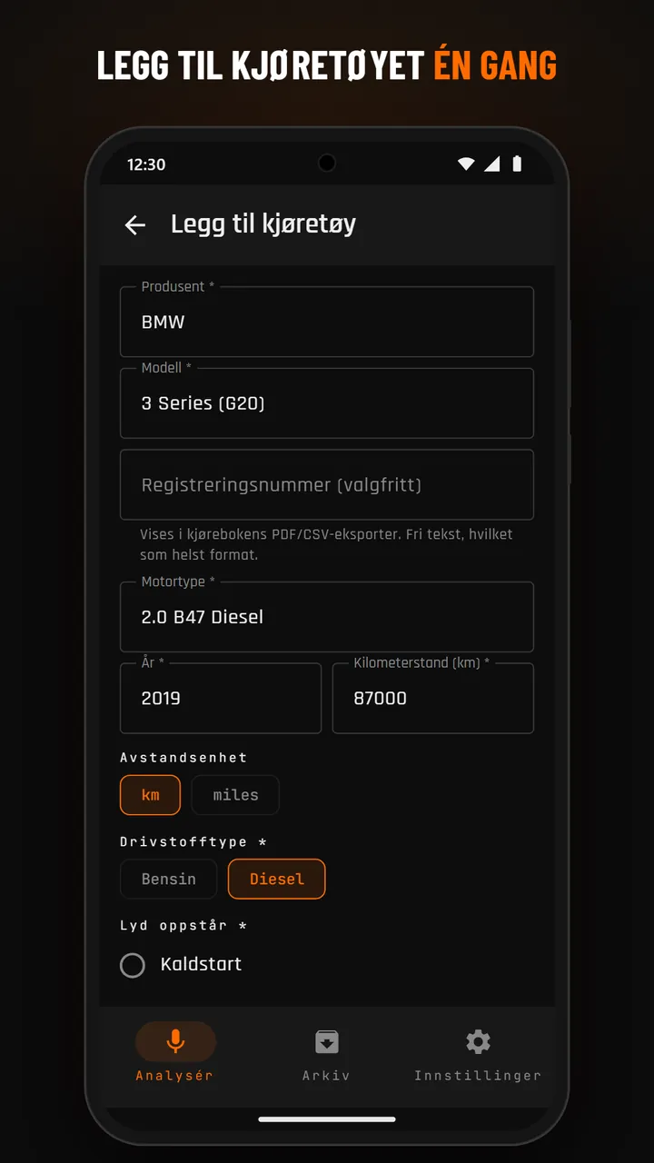 Skjema for kjøretøyprofil