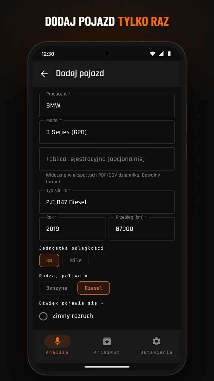 Formularz profilu pojazdu