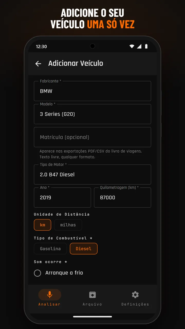 Formulário do perfil do veículo