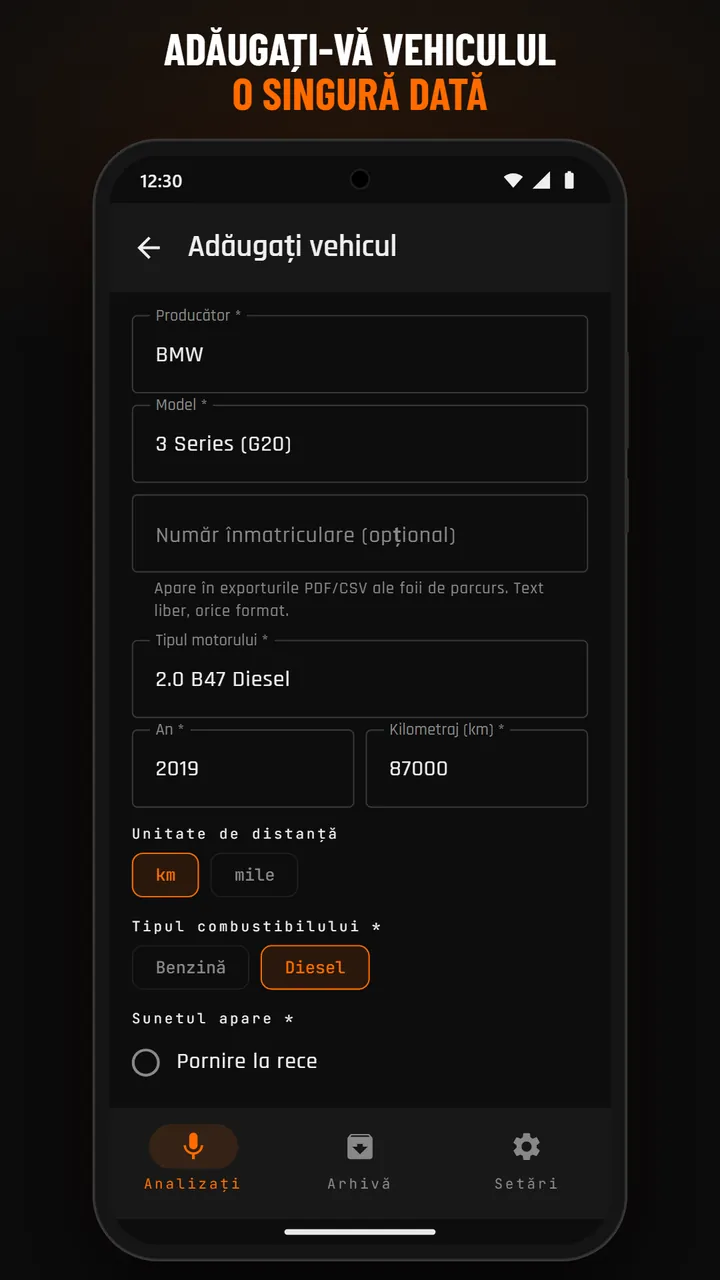 Formularul profilului de vehicul