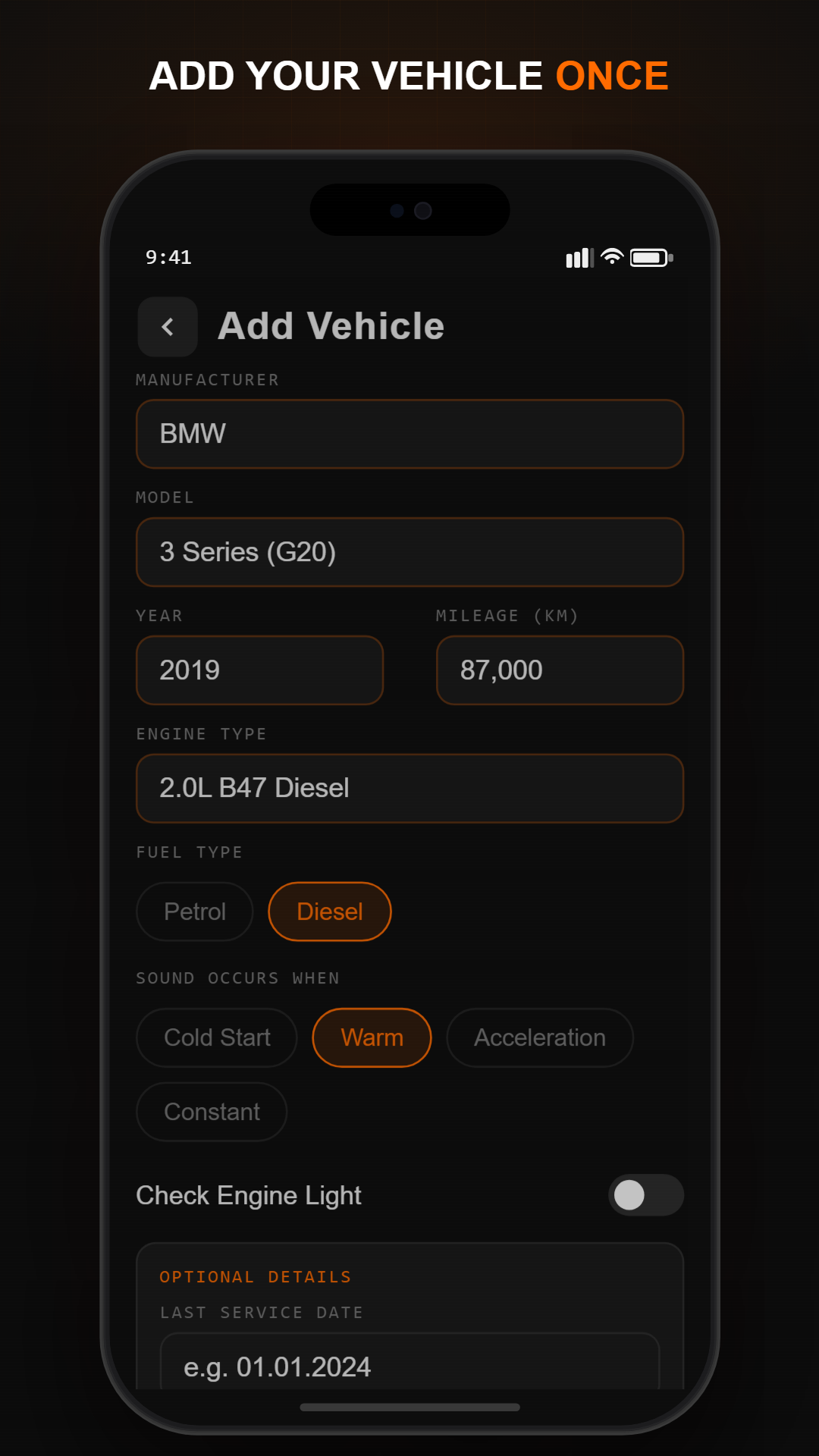 Vehicle profile form